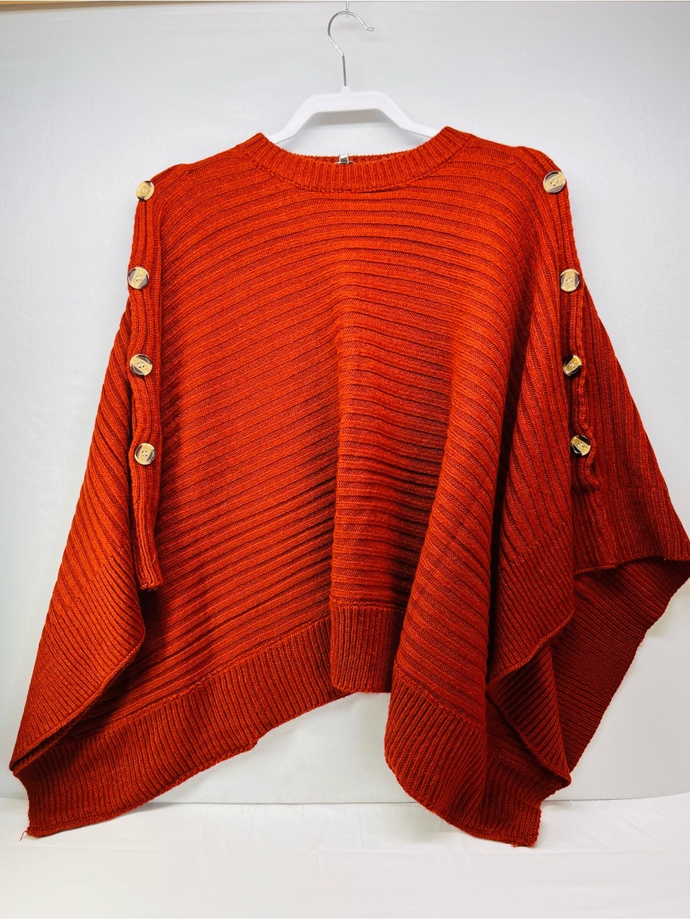 BKE Rust Button-Shoulder Poncho Sweater